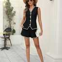 BMJL Womens Linen Two Piece Sets Summer Vacation Outfits Button Down Resort Wear 2025 Shorts Matching Sets (Black, XL)