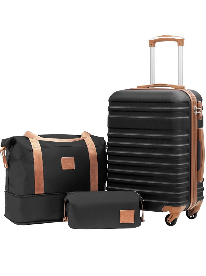 Coolife Suitcase Set 3 Piece Luggage Set Carry On Hardside Luggage with TSA Lock Spinner Wheels (Black, 3 piece set (DB/TB/20))