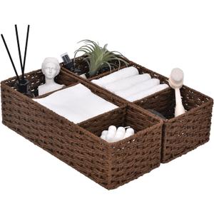 StorageWorks 3-Section Wicker Baskets for Shelves, Hand-Woven Round Paper Rope Storage Baskets, Walnut, 2-Pack