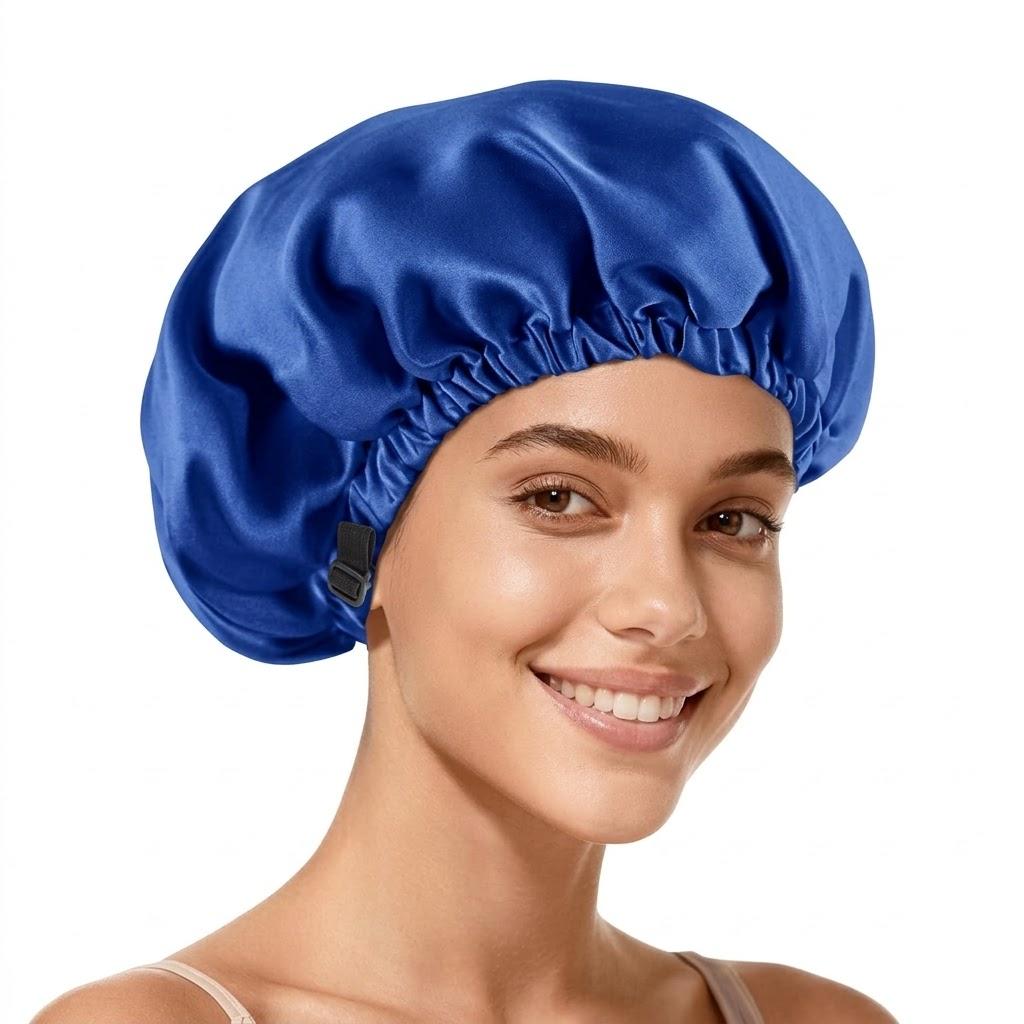 Zixsavk Adjustable Double Layer Silk-Satin Hair Bonnet for Sleeping Women – Anti-Frizz Curly Hair Sleep Cap, Hair Protector for Night, Moisture Retention Soft Bonnet for Natural Hair (Dark blue,Large)