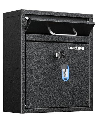 Uniclife Wall Mount Mailbox for Outside, Heavy Duty Locking Mailbox, Small Mailbox with Key Lock, Security Mail Box, Safe Key Drop Box, Post Box, Steel Cash Drop Box for Home Office School, Black