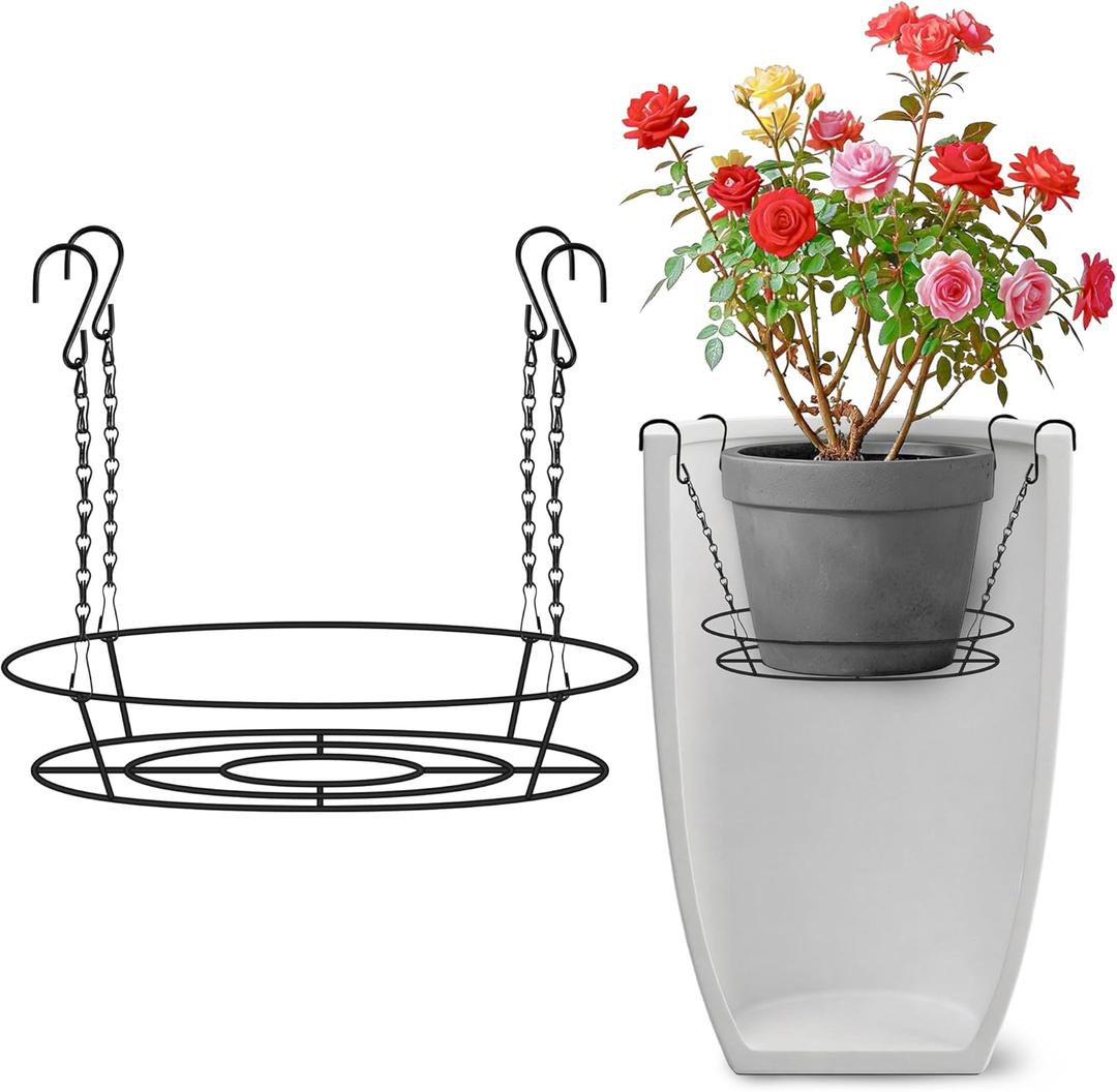 Adjustable Planter Inserts for Large Pots, 12-18" Plant Risers for Inside Pots, Black Stainless Steel Planter Insert with 4Hooks, Chain Pot Fillers for Tall Round Planters to Reduce Soil (1, black)