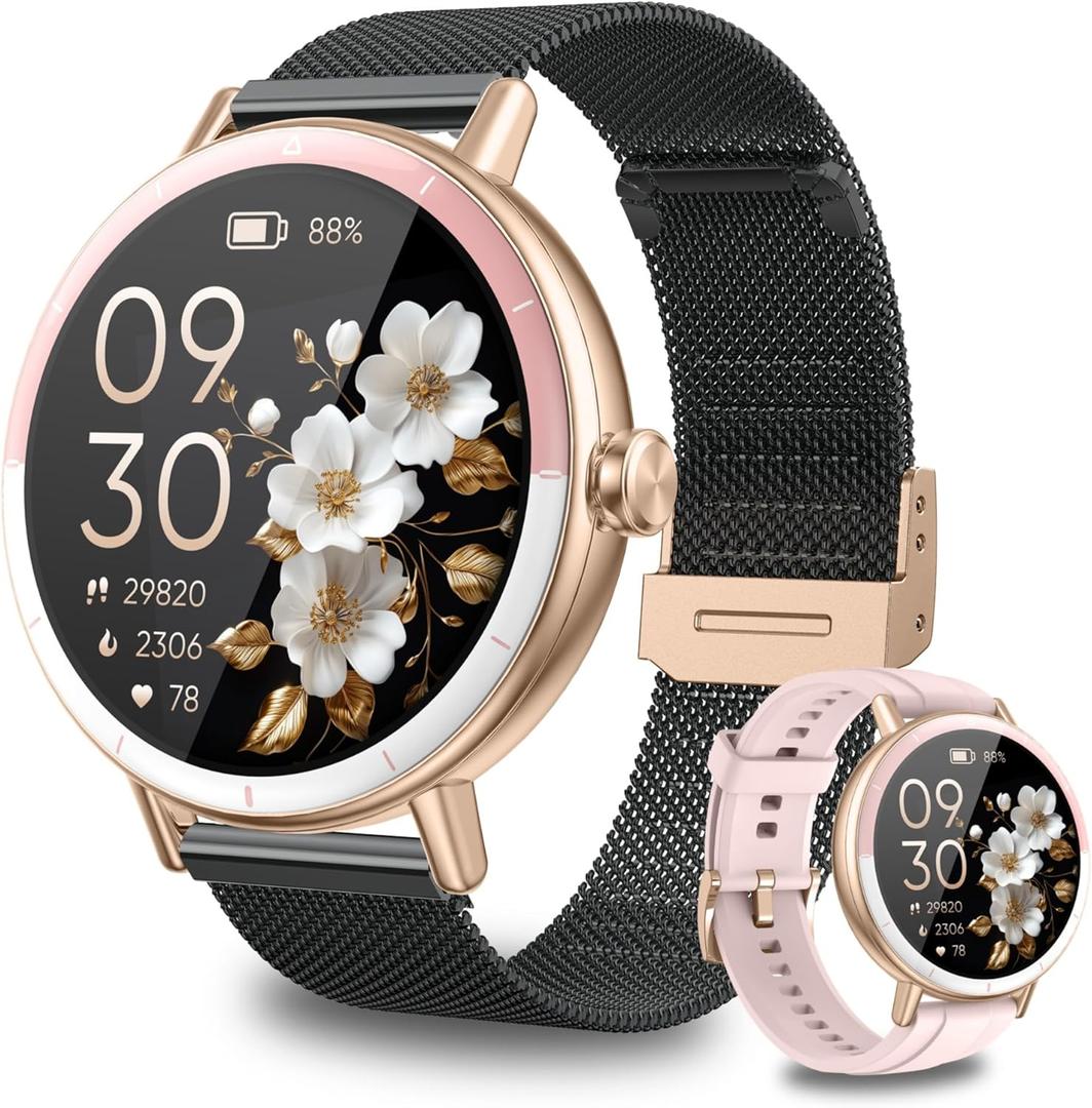 KEEPONFIT Smart Watch for Men/Women Android & iPhone, 1.27" Touch Screen Fitness Tracker with Answer/Make Calls, IP68 Waterproof Heart Rate/Sleep/SpO2 Monitor, Pedometer, 100+ Sport Modes (Black Pink)