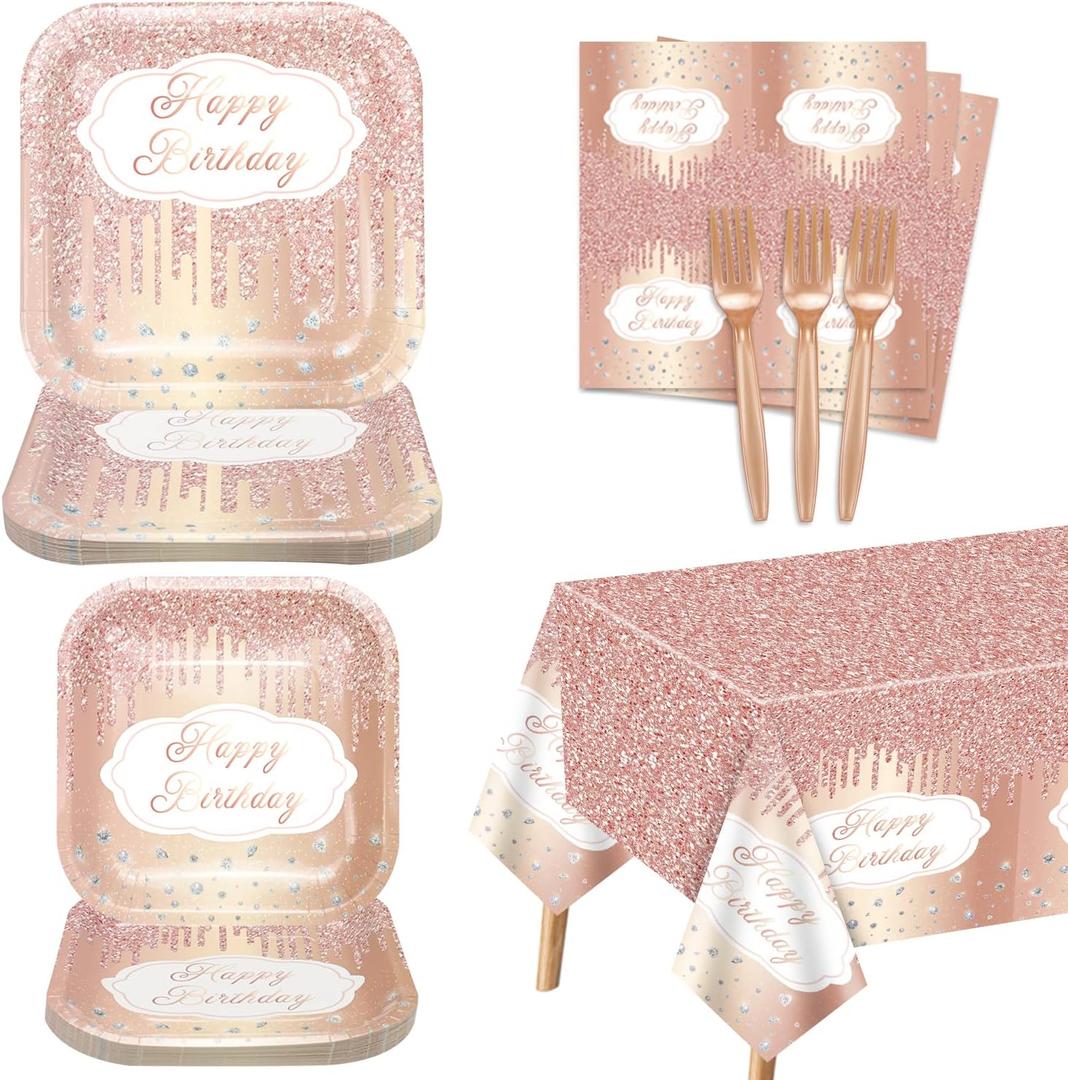 81 Pieces Rose Gold Party Decorations - Party Supplies Including Plates, Napkins, Tablecloth, Forks for Girl Women Mom Birthday, Serves 20
