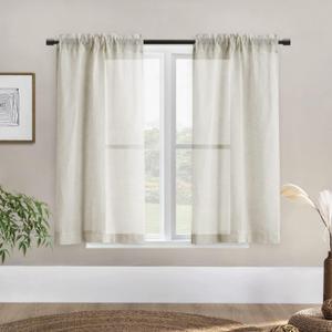 SHINELAND Short Sheer Linen Curtains for Kitchen Bathroom Window, Tan Vintage Country Cottage Core Style, 48 Inch Length