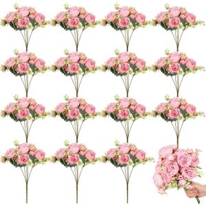 Crowye 16 Bundles Artificial Peonies Realistic Flowers with Stems Bouquet Peonies for Table Centerpieces Wedding Decoration Bridal Floral Arrangement (Light Pink)