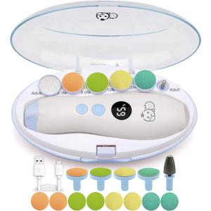Royal Angels Rechargeable 22 in 1 Baby Nail Trimmer with LCD Display, Labeled Case, 13 Extra Pads, 4 Speed Settings, Safe Quiet LED Light Electric Baby Nail File Kit for Newborns Toddlers (WhiteBlue)