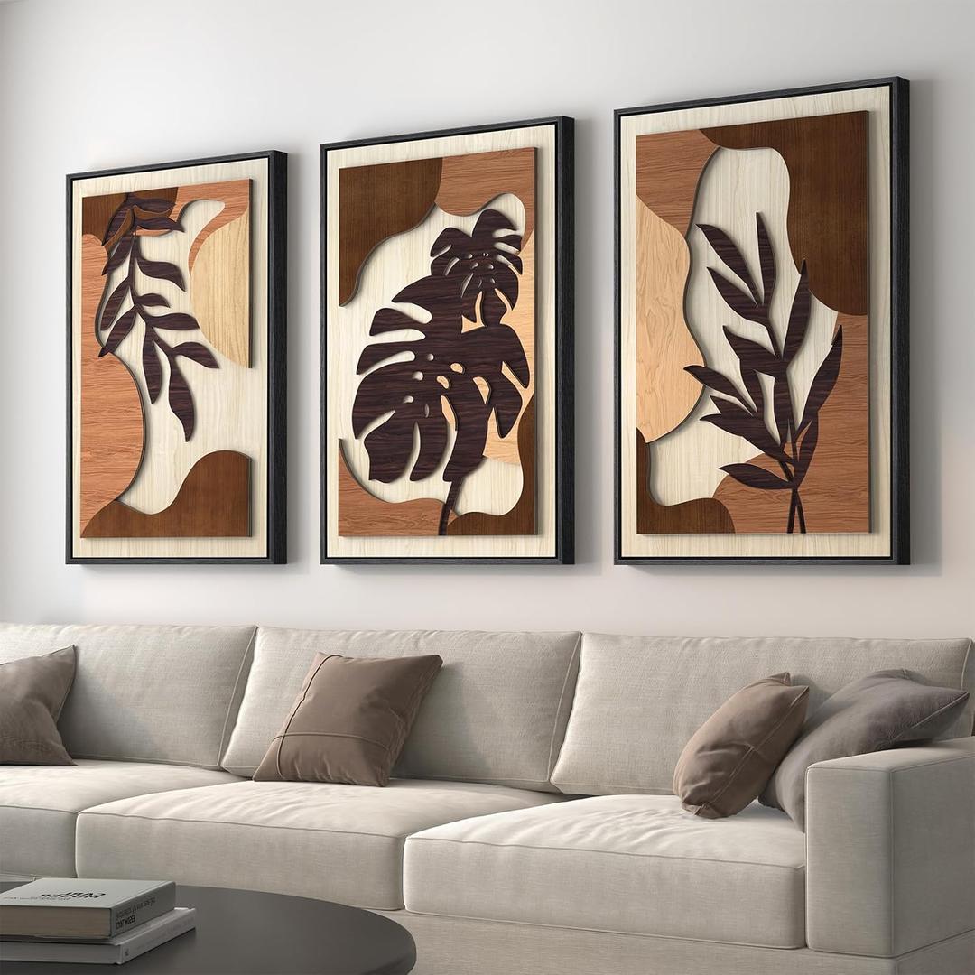 Framed Textured Wood 3D Wall Art for Living Room, Large Boho Tropical Brown Artwork for Walls, 3 Piece Farmhouse Botanical Leaf Wood 3D Textured Wall Art Decor for Office Bedroom Hallway, 24x36 Inch, 24" W x 36" H x 3Pcs
