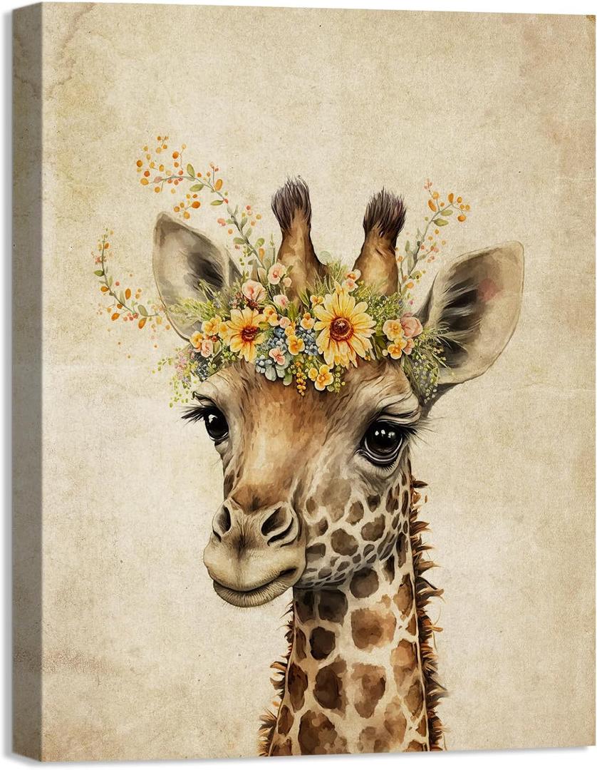 Framed Giraffe Canvas Wall Art Funny Giraffe with Yellow Flowers Print on Canvas Picture Cute animal Posters Retro Framed Artwork for Girls Boys' Bathroom Bedroom Home Decorations-12 x16