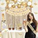 21st Birthday Decorations for Her, Champagne Gold Happy 21st Birthday Decorations for Girls, 21 Sash and Crown, Banner, Fringe Curtains, Hanging Paper Fans, 21 Year Old Party Supplies Set