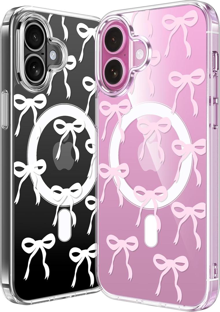 2 Pack Magnetic for iPhone 16 Case, Bow Case Compatible with MagSafe, Cute Cover with Design Clear Ribbon Aesthetic Phone Anti-Yellowing Shockproof Protective for Women Girl, White