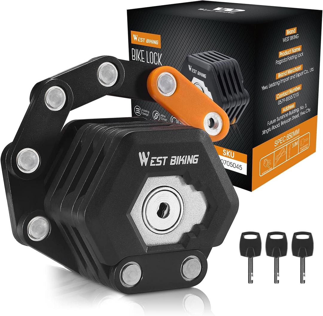 ICOCOPRO Folding Bike Lock with 3 Keys, 2.8 FT Bicycle Lock Compact Anti Theft, High Security Scooter Locks, Heavy Duty Bike Chain Locks with Bracket (Black)