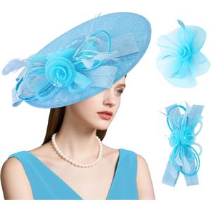 Dressfan Wide Brim Fascinator Derby Hats for Women,20s Detachable Flower Hat with Headband for Derby Church Wedding Tea Party (Blue, M)