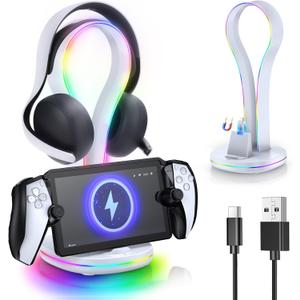 4-in-1 Magnetic Charging Dock for PS Portal & PlayStation Pulse Elite Headset, KOVA Case-Friendly Charger Stand for PlayStation Portal Accessories with 11 Light Modes & 2X USB Ports &1x Cable