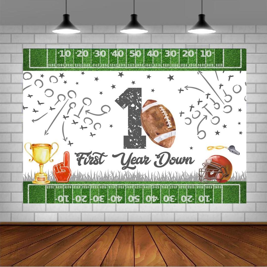 Lofaris Football First Birthday Backdrop First Year Down Happy Birthday It's Game Time First Year Down Photo Background Game On Football Boy Birthday Party Decorations 5x3ft