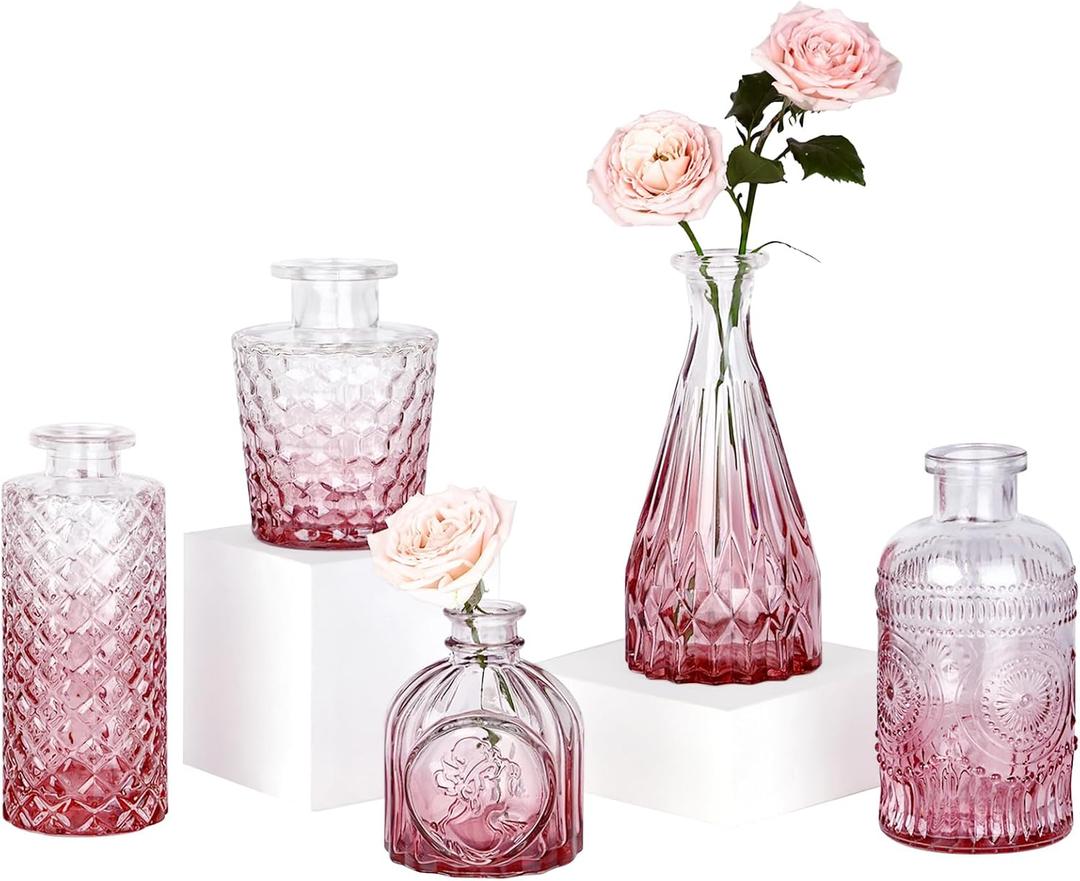 TBWIND Pink Day Glass Bud Vase Set of 5, Small Flower Vases for Centerpieces in Bulk, Mini Vintage Vase for Wedding Decor, Single Flowers, and Home Table Dcor