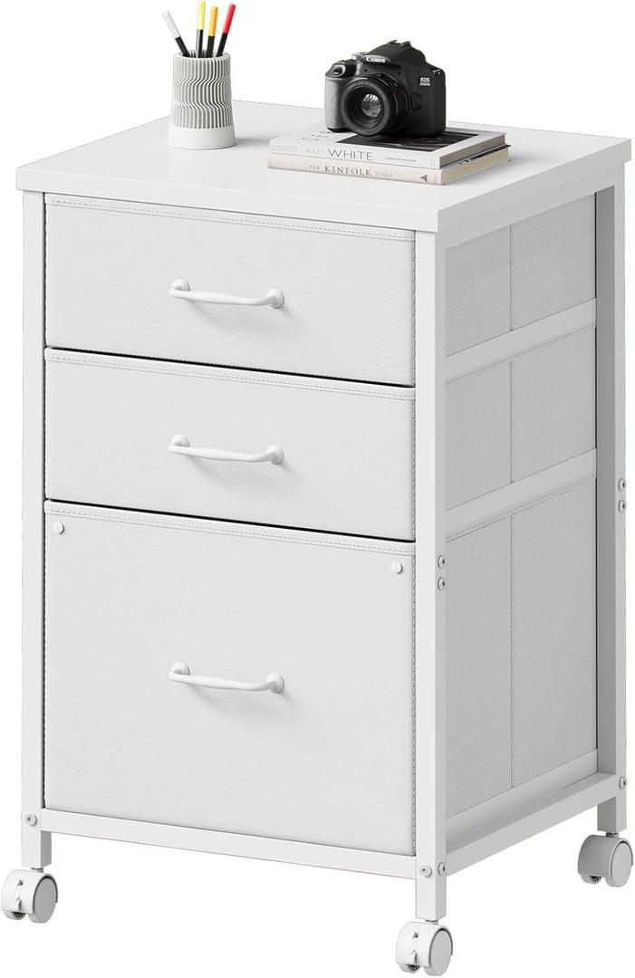 3 Drawer Mobile File Cabinet with Wheels Fabric Vertical Filing Cabinet fits A4 or Letter Size for Home Office,White