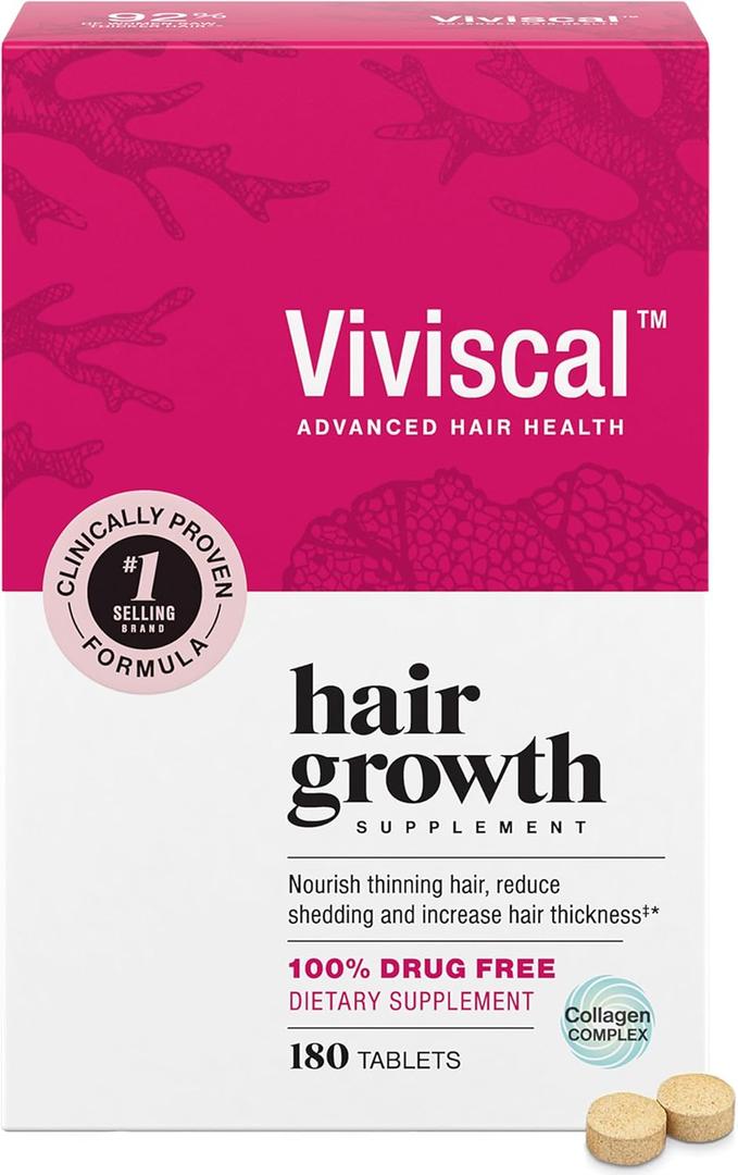 Viviscal Hair Growth Supplements for Women, Thicker Fuller Hair Support for Thinning Hair and Hair Loss, with Biotin and Marine Collagen, Drug-Free, 180 Tablets, 90-Day Supply Best By : 11/2027