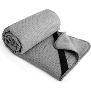 POLYTE Microfiber Hot Yoga Towel Mat with Non-Slip Silicone Grip and Secure Fit Elastic Straps, 24 x 72 in (Gray)