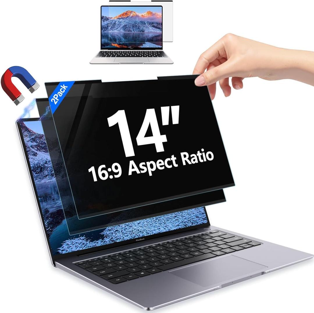 2 Pack Magnetic 14 Inch Laptop Privacy Screen 16:9 Aspect Ratio, Removable Anti-Blue/Glare Protector Film, Anti-Spy Desktop Security Private Filter 14in