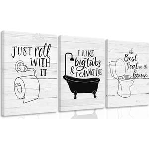 3Pcs Framed Funny Bathroom Quotes Canvas Wall Art, Black White Toilet Paper Bathtub Posters Prints Artwork, Minimalism Washroom Painting Pictures Wall Decor,for Bathroom Home Decoration 16x24in