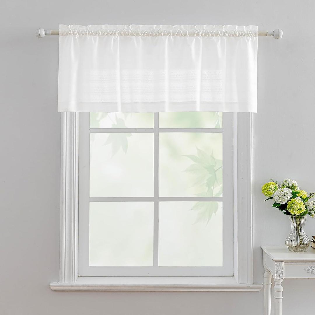 Valea Home Boho Kitchen Valance for Windows, Semi-Sheer Valance for Small Window Kitchen Valance Curtain, Rod Pocket Cafe Valance for Bathroom Laundry Basement 52 * 18 Inch1 PanelWhite