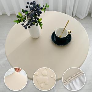 vctops 100% Waterproof Pu Leather Round Table Cloth Cover, Oil Proof Wipeable Elastic Fitted Tablecloth, Windproof Washable Table Protector for Picnic, Camping, Outdoor (Khaki,63")