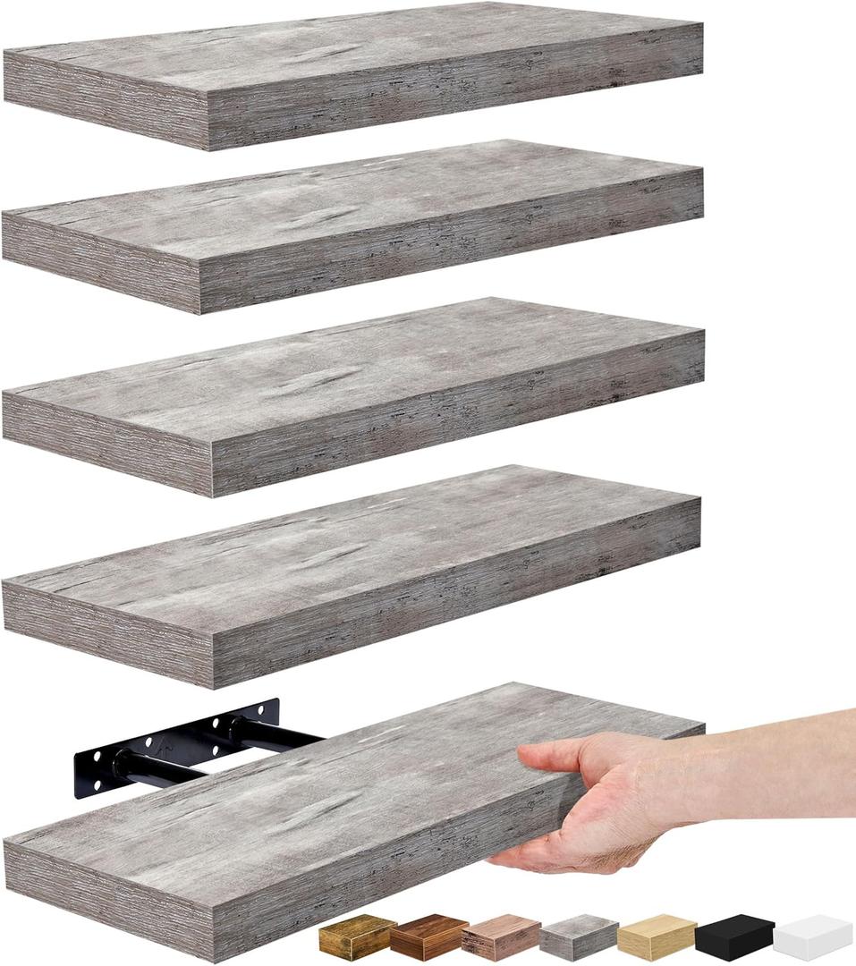 Sorbus Floating Shelves for Wall, Bathroom Shelves Wall Mounted for Kitchen, Bedroom, Living Room, Bathroom Storage, Over Toilet, Hanging Book Shelf for all Home Decor (Gray, 5 Pack) (Grey)