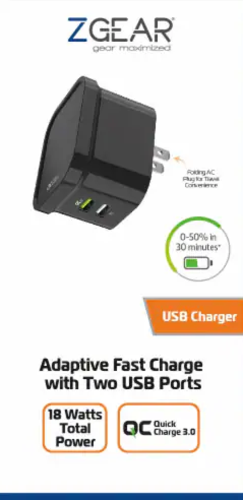 ZGear® Adaptive Fast Charge Wall Charger with 2 USB Ports