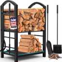 AMAGABELI GARDEN & HOME Firewood Rack Indoor with Tools 5-Piece Fireplace Tools Set Wood Holder Outdoor Wrought Iron Log Holder Firewood Storage Rack for Fireplace,Fire Pit,Wood Stove Black
