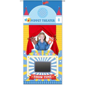 gisgfim Doorway Puppet Theater with 2 Adjustable Rods 31x67 In Blue Red Foldable Hanging Puppet Show Theater for Kids Pretend Play Hand Puppets Educational Kids Activities Toys Easy to Set Up Put Away