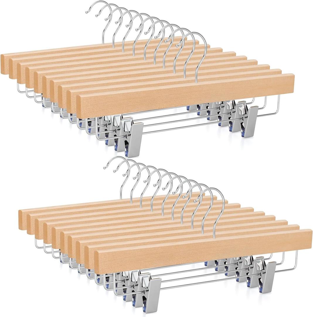 TOPIA HANGER Lotus Wood Pants Hangers, Unfinished Wooden Skirt Short Jeans Trouser Hanger with 360 Swivel Hook Anti Rust 2 Adjustable Clips, 20 Pack, CT10PN20