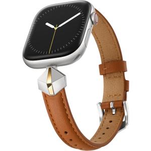 WFEAGL Leather Band Compatible with Apple Watch Bands Women 38mm 40mm 41mm 42mm(Series 11/10),Dressy Slim Grain Genuine Leather band for iWatch SE Series 11/10/9/8/7/6/5/4/3/2/1-Brown/Silver&Gold