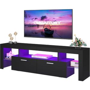 Clikuutory Modern Lighting 63 inch TV Stand with Large Storage Drawer for 50 55 60 65 70 75 Inch TVs, TV Console with 20 Color LED Lights, Entertainment Center Media and Open Shelf for Bedroom, Black