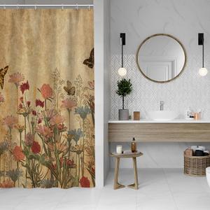 Rustic Farmhouse Shower Curtain for Bathroom, Boho Retro Botanical Flower Stall Shower Curtain 36x71 Inch, Nature Plant Leaves Butterfly Waterproof Fabric Small Bathroom Curtains Set