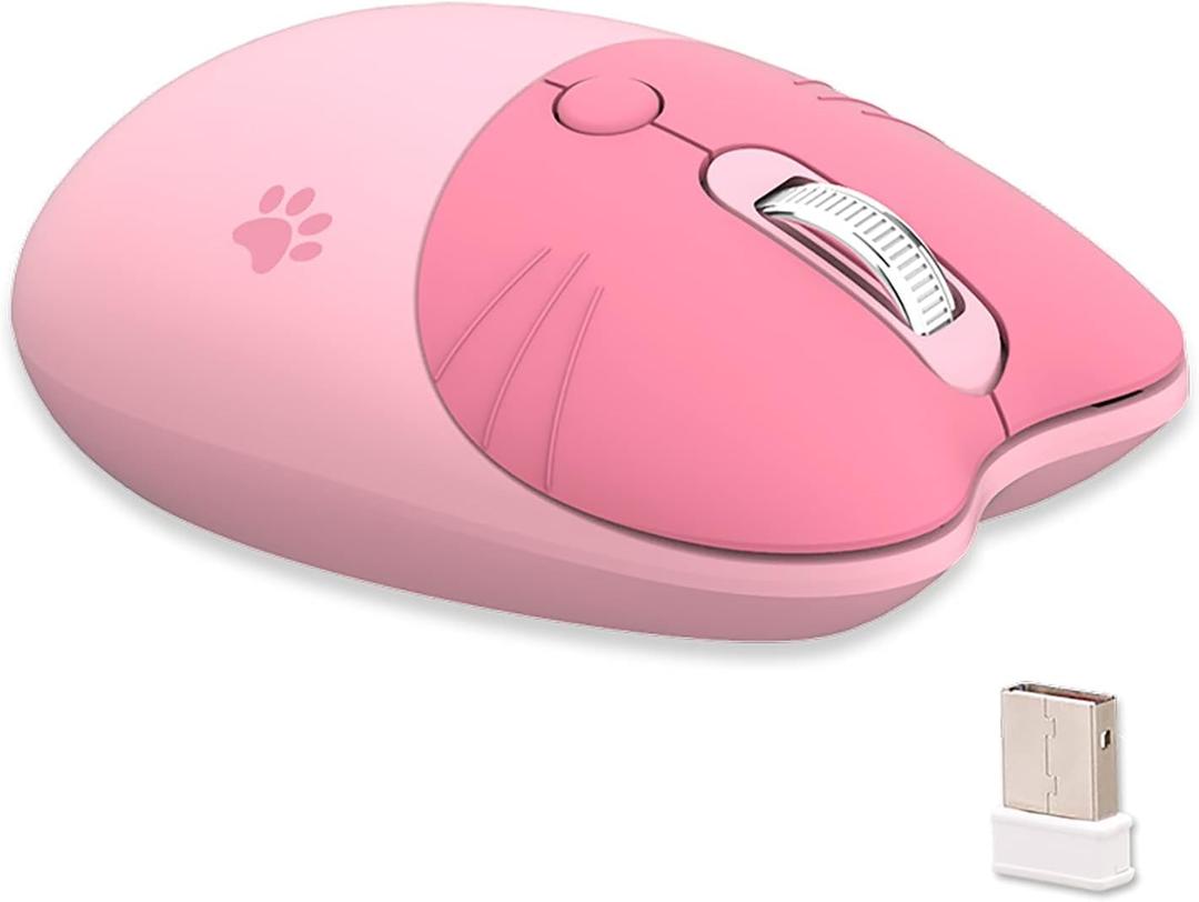 Lomiluskr Cute Cat Wireless Mouse, Lightweight Soundless Mice, 2.4G Wireless Mice, Candy Colors, Kawaii Mouse for Girls and Kids (Pink)