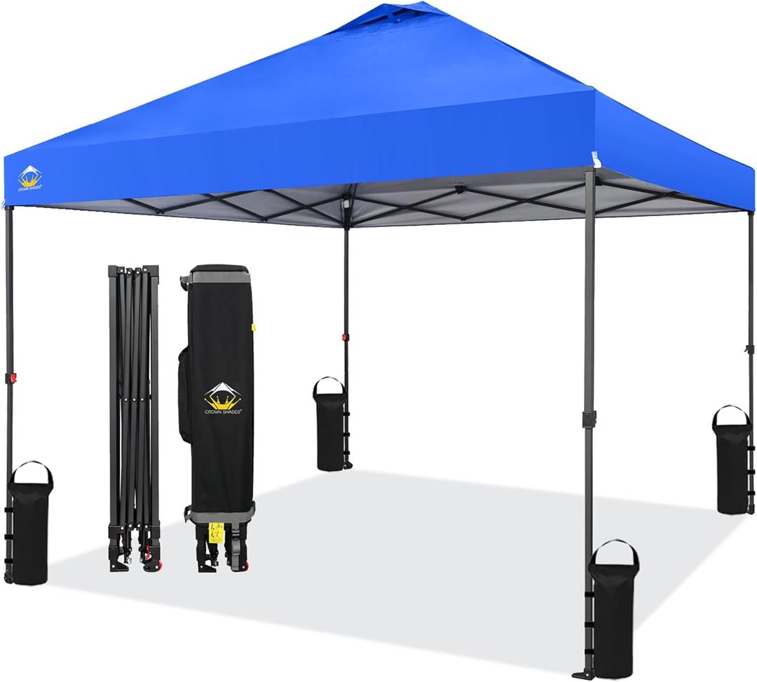 CROWN SHADES 10x10 Pop Up Canopy Tent - Patented Center Lock One Push Instant Outdoor Canopy Beach Tent with STO-N-Go Bag 8 Stakes & 4 Sand Bags, Blue