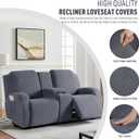KinCam Loveseat Recliner Covers with Middle Console Slipcover, Recliner Sofa Covers 2 Seat Couch Cover Stripe Jacquard Furniture Protector Covers with Elastic Bottom for Kids, Pets (Dark Gray)