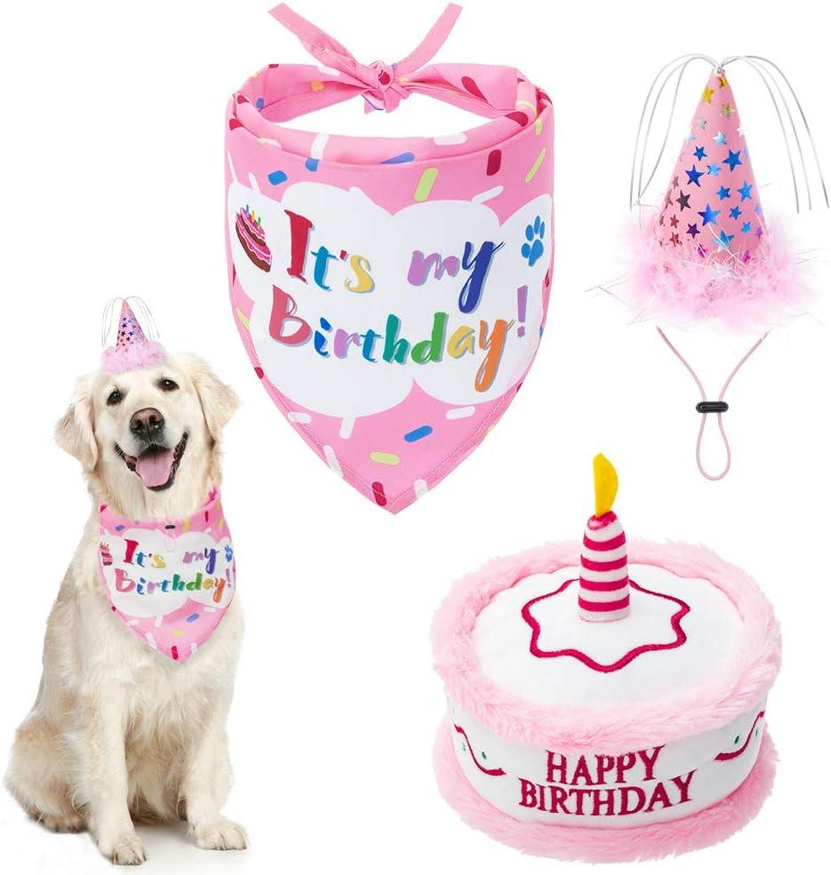 Dog Birthday Bandana Set - Cute Hat and Squeaky Cake Toy for Birthday Party Supplies Gift - Great for Small Medium Large Dogs Pink