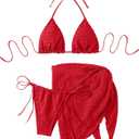 GORGLITTER Women's 3 Piece Swimsuits Halter Triangle String Bikini Set with Beach Skirt Swimwear Set (Medium, Red)