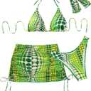 COZYEASE Women's 4 Piece Swimsuits Sexy Bikini Sets Triangle Bathing Suit with Mesh Cover Up Beach Skirt & Bandana (Medium, Green)