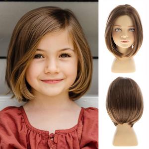 Short Wavy LightBrown Kids Wig Synthetic Girls Bob Wig Side Part Child Cosplay Costume Party Use