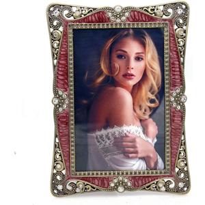 LXZ Vintage Retro Brass Plated Metal Picture Frame Decorated with Crystals - Clear Glass Front Cover - Tabletop Display Vertically or Horizontally, Size 4 x 6 Inches