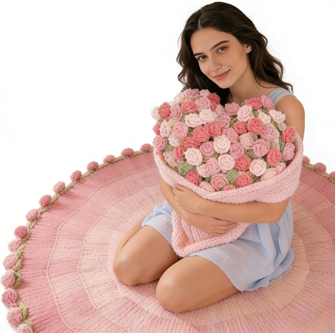 48" Diameter Crochet Flower Bouquet Blanket with Gift Box - Peach Gradient Long Plush Floral Afghan - Forever Rose Throw Romantic Gift for Mom, Girlfriend, Valentine, Birthday Decor