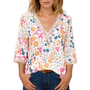 IRISGOD Womens 3/4 Length Sleeve V Neck Tops Dressy Casual Chiffon Blouse Summer Floral Bohemian 2025 Tredny Shirts (Beige, XL)
