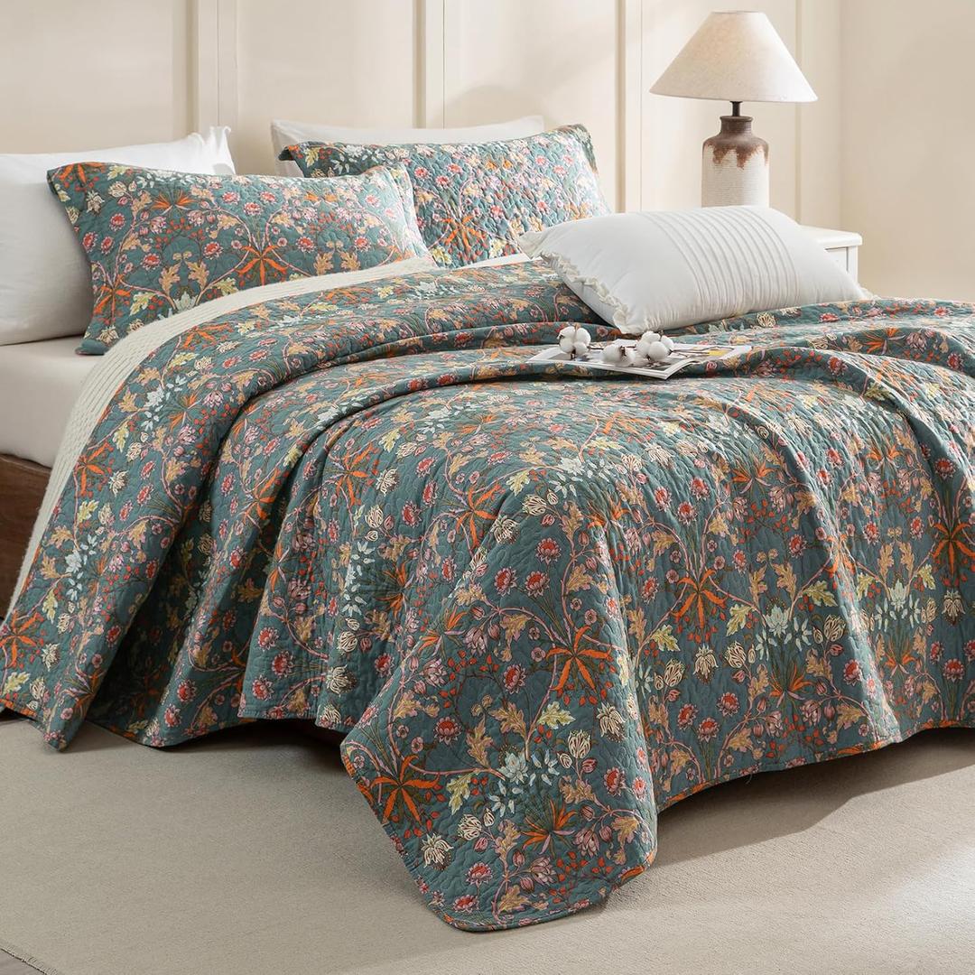 Sanracie Oversized King Bedspread 128"x120",100% Cotton Lightweight Breathable Flower Botanical Printed Pattern Quilted Bedspreads Set 3Pcs Extra Soft Aesthetic Coverlet Set for All Season