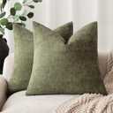 Foindtower Pack of 2 Soft Textured Chenille Throw Decorative Pillow Covers Square Accent Solid Cushion Cover Cozy Neutral Farmhouse Pillow Case for Couch Sofa Bedroom Living Room 20x20 Inch,Dark Green (Chive)