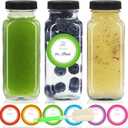 STARSIDE 8 oz 3 Pack Glass Juice Bottles with Lids - Square Reusable Drinking Jars for Juicing, Milk, Kombucha - Includes 1 Bottle Brush, 6 Colored Labels