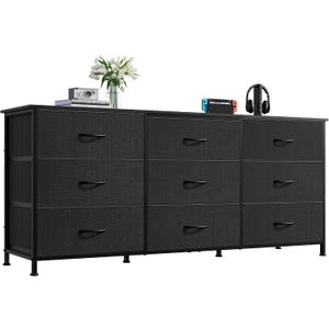 WLIVE 54''W Dresser for Bedroom, Black Dresser TV Stand for 55, 60, 65 inch TV, Wide Chest of Drawers with 9 Drawer, Large Entertainment Center, Fabric Dressers with Wood Top for Closet, Living Room, Large Size