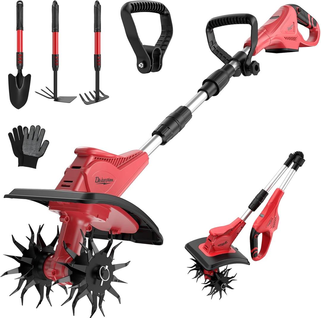 Cordless Tiller Cultivator Compatible with Milwaukee 18V Battery(Tool Only), Folding Electric Rototiller for Garden with 40 Steel Tines 310RPM, 9.1in Tilling Width and 6.3in Depth (Red Black)